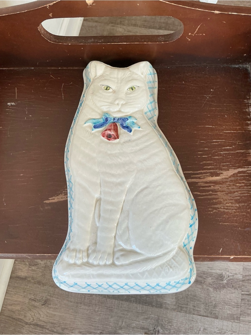 Italian Ceramic Cat Wall Plaque Blue Bow Hand Painted Pottery Vintage Decor